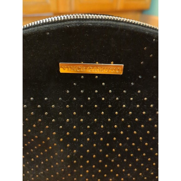 Vince Camuto Cosmetic Makeup Bag Black Velvet Gold Micro Studs Zip Pom Pom - Picture 3 of 11